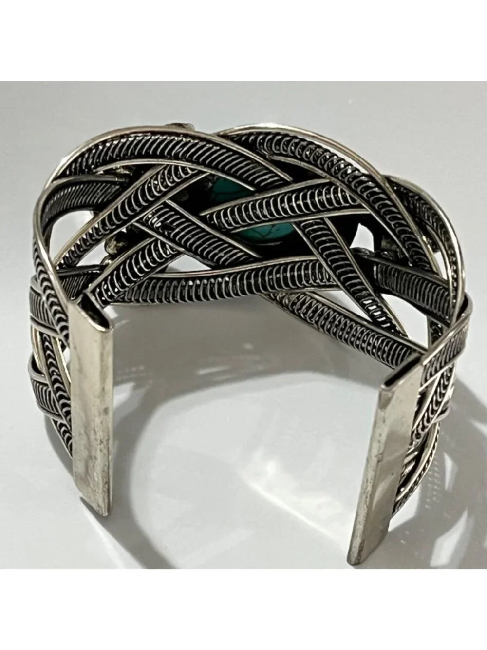 Vintage Silver Tone Cuff Bracelet With Turquoise Stone Floral & Butterfly - Picture 7 of 10